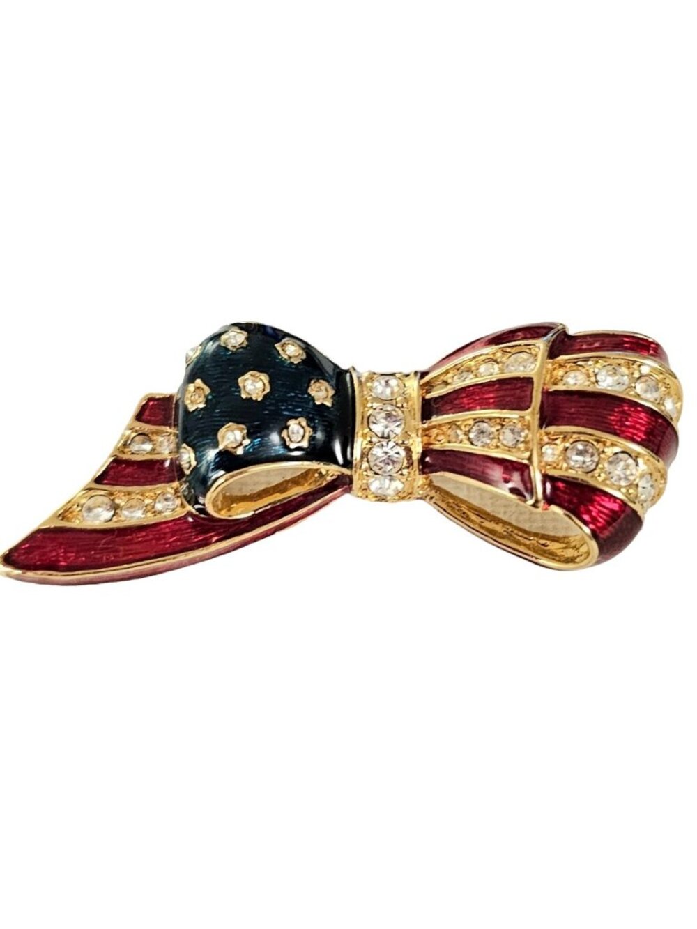 Carolee Clear Rhinestone Patriotic Red Blue Enamel Bow Brooch, Signed L101